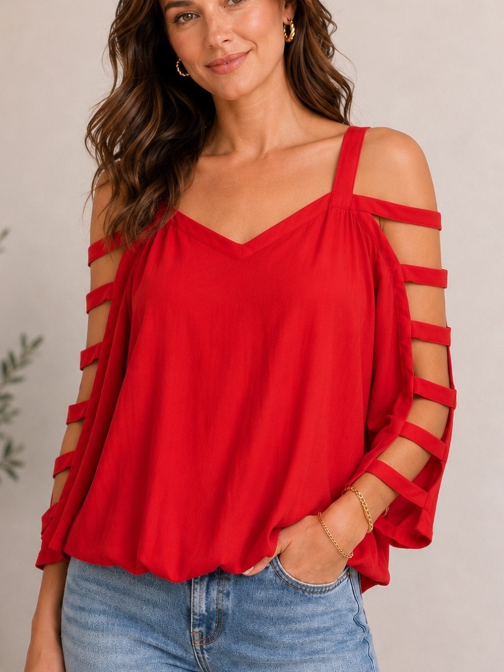 NWT Ramy Brook Red long sleeve Colby Blouse w/ Strap Accents sz S